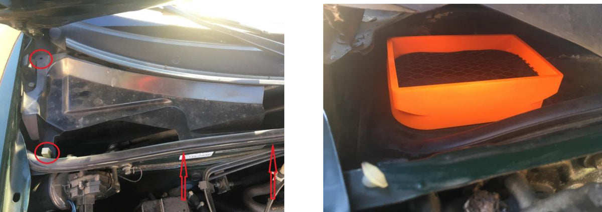 A two-panel image showing a car engine bay with red circled and pointed-out areas, alongside an orange rectangular filter or cover component placed in the engine compartment.