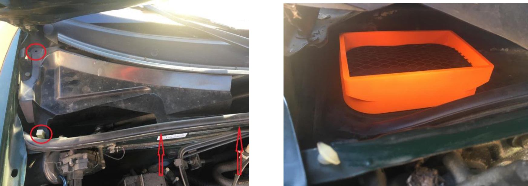 A two-panel image showing a car engine bay with red circled and pointed-out areas, alongside an orange rectangular filter or cover component placed in the engine compartment.